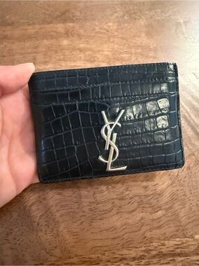 Saint Laurent Black Croc-Embossed Leather Card Case with Silver YSL Emblem